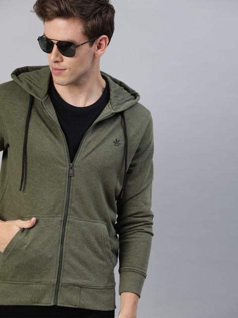 WROGN Men Olive Green Solid Hooded Sweatshirt