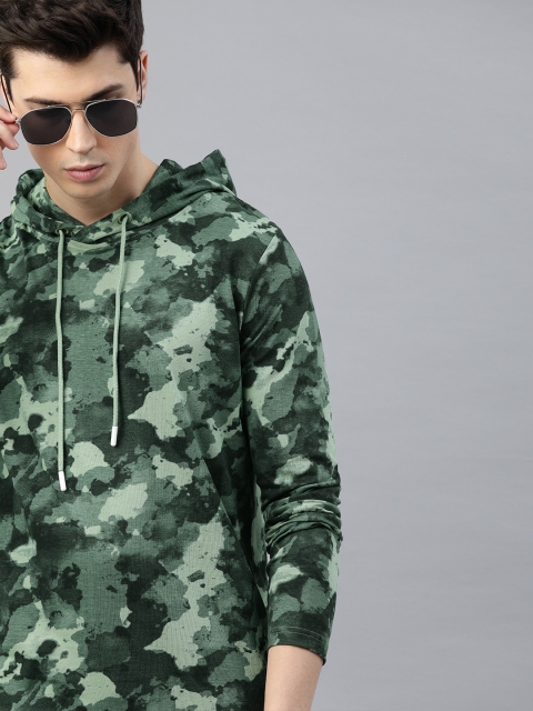 WROGN Men Green Printed Slim Fit Hood T-shirt