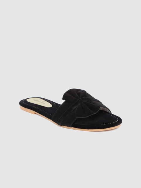 Funku Fashion Women Black Solid Velvet Bow Detail Open Toe Flats