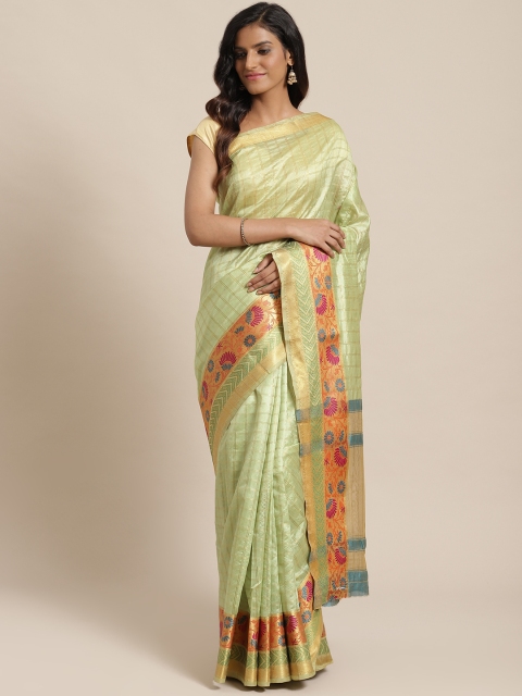 Nanda Silk Mills Green & Golden Self-Checked Saree