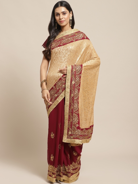 Readiprint Fashions Beige & Burgundy Embroidered Half & Half Saree