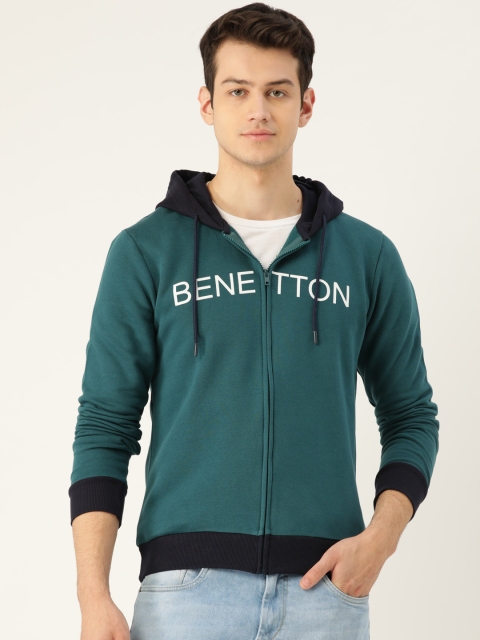 United Colors of Benetton Men Teal Green & White Printed Hooded Sweatshirt