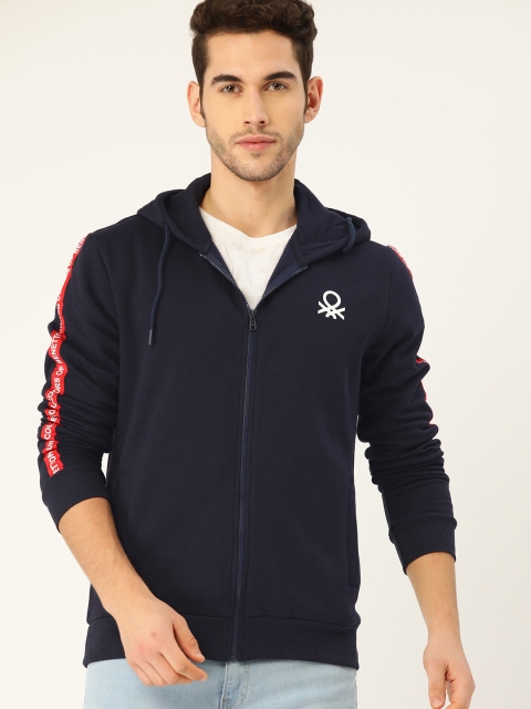 United Colors of Benetton Men Navy Blue Solid Hooded Sweatshirt