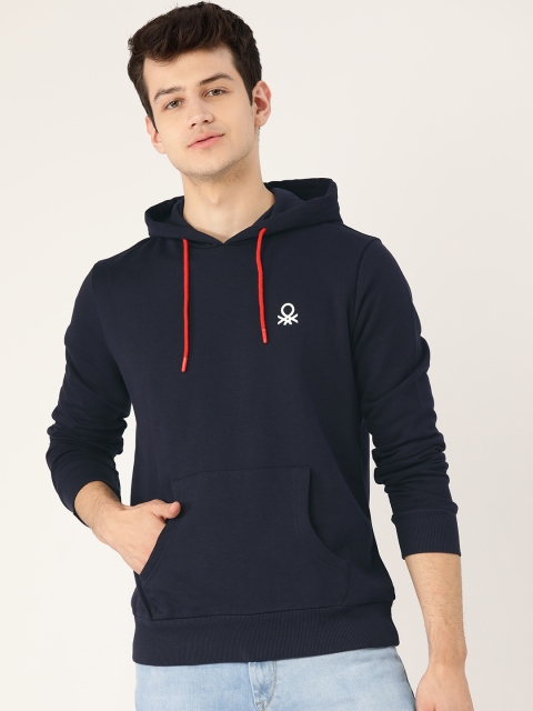 United Colors of Benetton Men Navy Blue Solid Hooded Sweatshirt