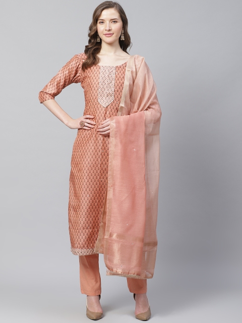 Readiprint Fashions Peach-Coloured & Green Printed Unstitched Dress Material