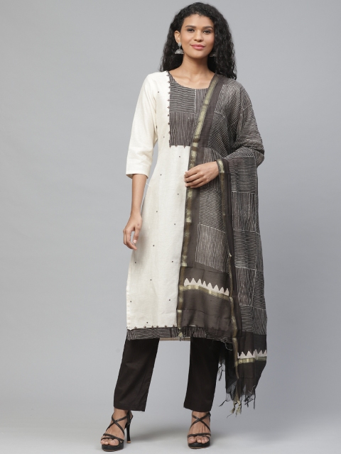 Readiprint Fashions Off-White & Coffee Brown Unstitched Dress Material