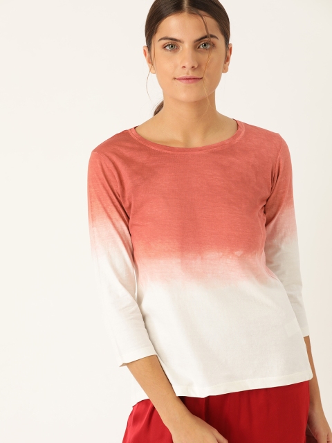 ETC Women Rust Red and White Ombre Dyed Lounge T-Shirt