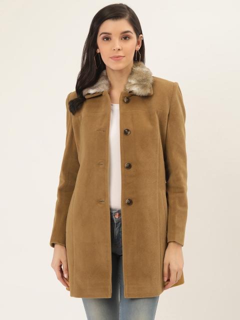 Okane Women Brown Solid Velvet Overcoat