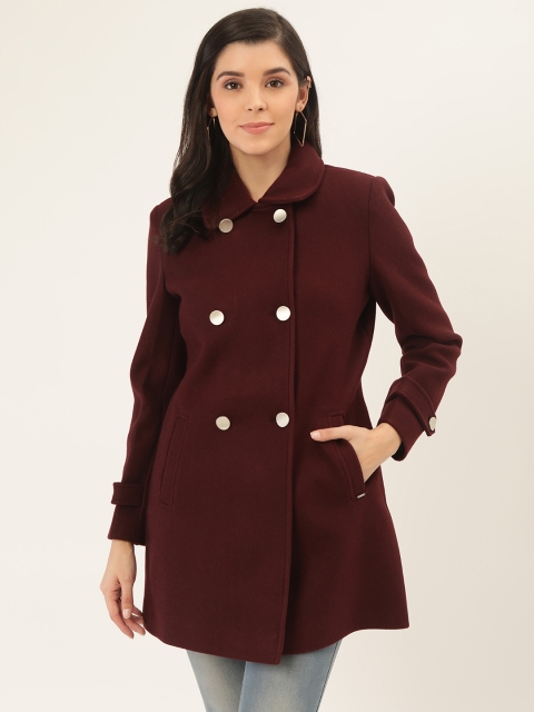 Okane Women Maroon Solid Overcoat