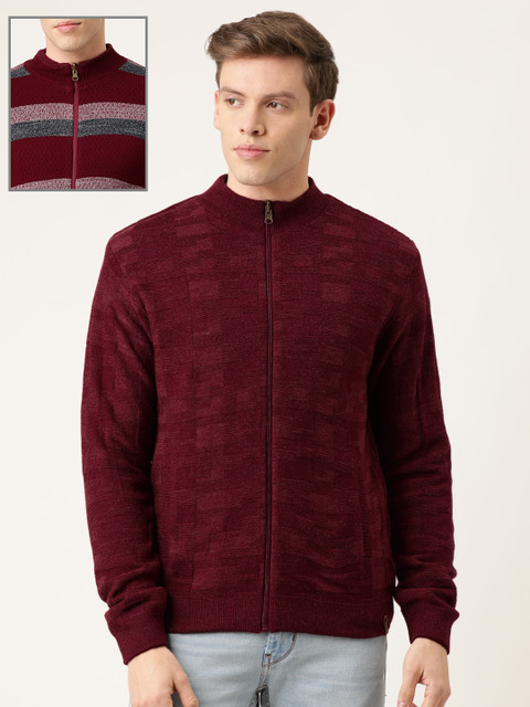 Peter England Casuals Men Maroon Self Design Front-Open Reversible Sweater
Peter England Casuals Men Maroon Self Design Front-Open Reversible Sweater