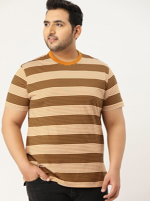 Sztori Plus Size Men Brown & Mustard Yellow Striped Round Neck T-shirt