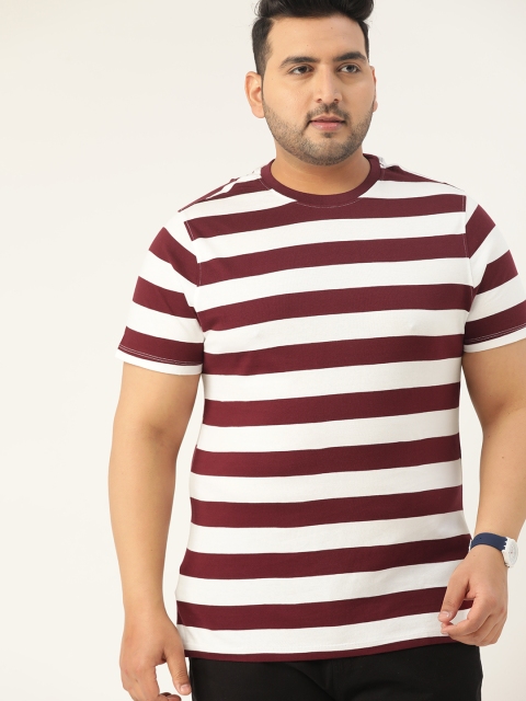 Sztori Men Plus Size White & Maroon Striped Pure Cotton Round Neck T-shirt