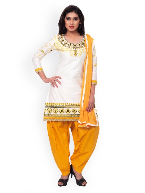 Saree mall White & Yellow Embroidered Cotton Unstitched Dress Material