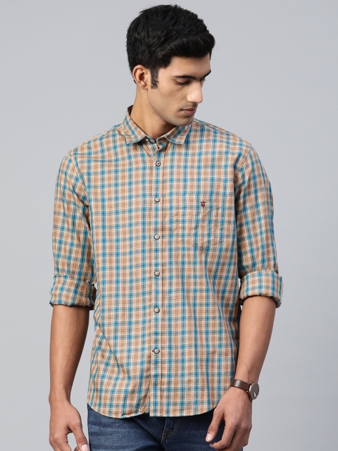 Louis Philippe Sport Men Beige & Blue Slim Fit Checked Casual Shirt