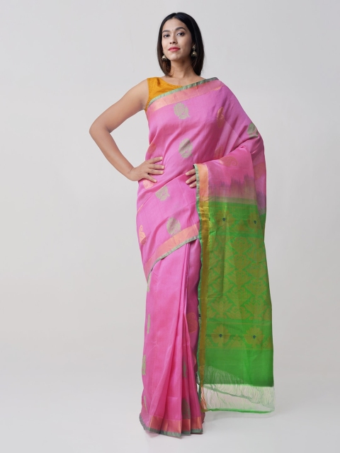 Unnati Silks Pink & Green Silk Cotton Woven Design Handloom Kanjeevaram Sustainable Saree
Unnati Silks Pink & Green Silk Cotton Woven Design Handloom Kanjeevaram Sustainable Saree
