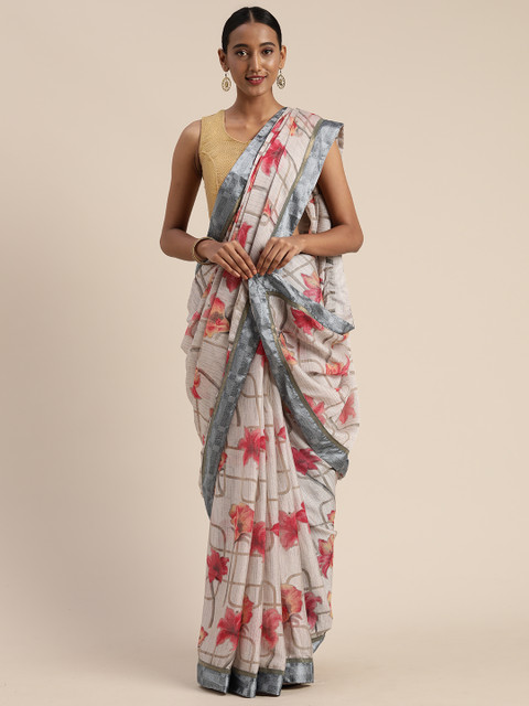 Satrani Off-White & Pink Pure Chiffon Floral Printed Saree 
Satrani Off-White & Pink Pure Chiffon Floral Printed Saree