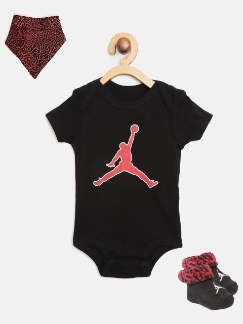 Jordan Boys Set of Black & Red Foiled Jumpman Print Bodysuit, Bib & Booties
