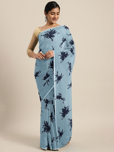 KALINI Grey & Navy Blue Printed Poly Georgette Saree