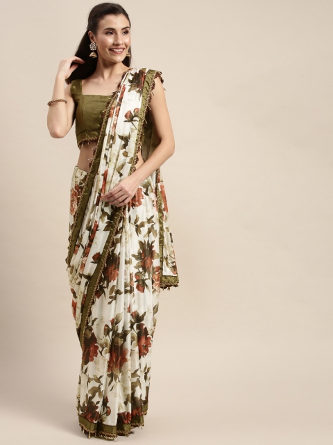 Amrutam Fab White & Green Silk Blend Printed Saree