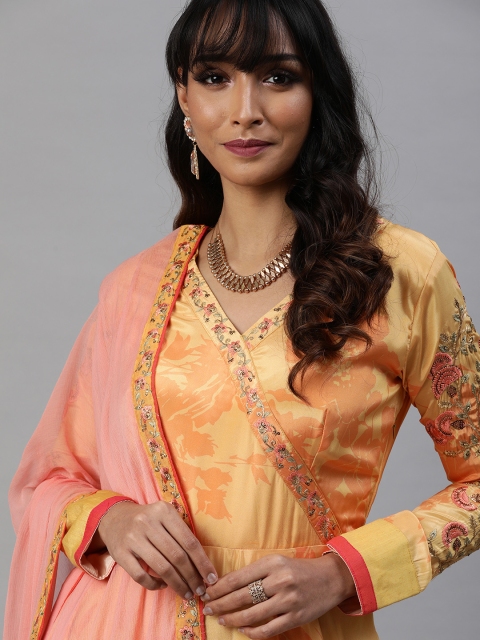 Inddus Women Yellow & Orange Floral Printed Angrakha Dress With Embroidered Detailing
Inddus Women Yellow & Orange Floral Printed Angrakha Dress With Embroidered Detailing