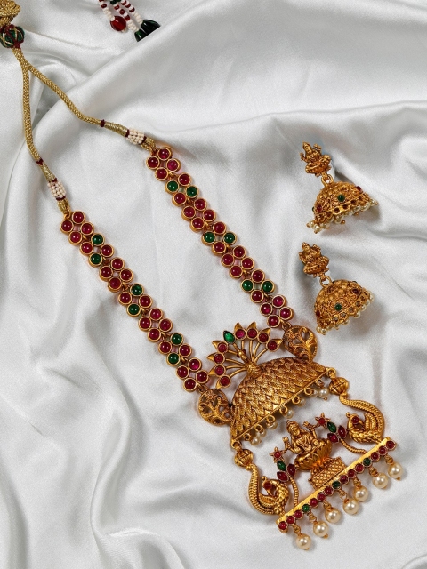 Priyaasi Pink Gold-Plated Stone-Studded Handcrafted Goddess Lakshmi Textured Jewellery Set
Priyaasi Pink Gold-Plated Stone-Studded Handcrafted Goddess Lakshmi Textured Jewellery Set