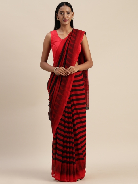 Indian Women Red & Black Poly Georgette Striped Saree