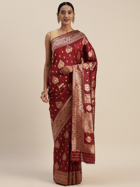Indian Women Maroon & Gold-Toned Poly Silk Woven Design Designer Saree