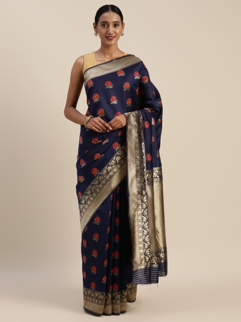 Indian Women Navy Blue & Gold-Toned Poly Silk Woven Design Saree