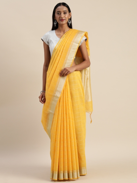 Indian Women Yellow & Gold-Toned Silk Cotton Checked Saree