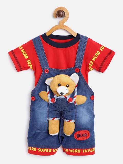 YK Boys Red & Navy Blue Solid T-shirt with Denim Dungarees & Teddy Bear