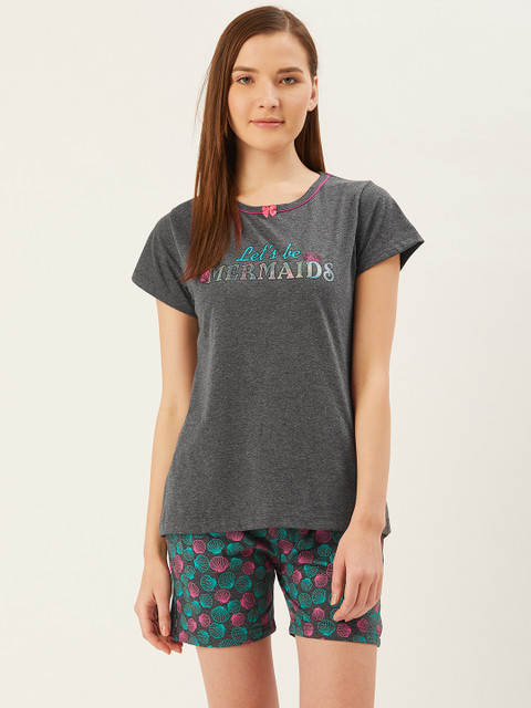 July Nightwear Women Charcoal Grey & Sea Green Printed Night suit 
July Nightwear Women Charcoal Grey & Sea Green Printed Night suit