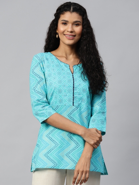 Rain & Rainbow Women Blue & Golden Bandhani Printed Top