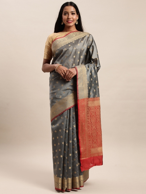 SANGAM PRINTS Grey & Gold-Toned Pure Silk Woven Design Handloom Saree