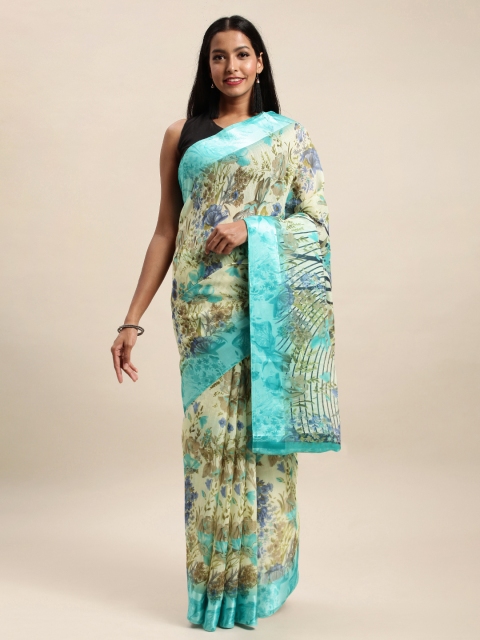 SANGAM PRINTS Cream-Coloured & Blue Polycotton Printed Saree