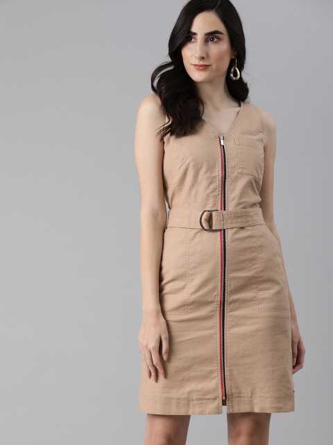 Tommy Hilfiger Women Beige Solid A-Line Dress