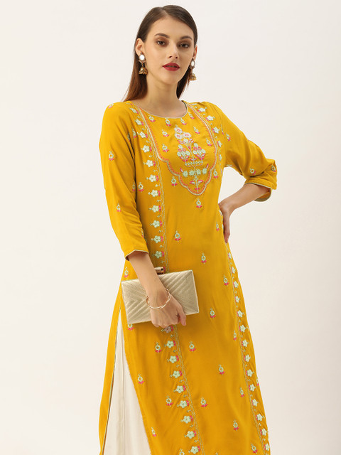 House of Pataudi Women Mustard Embroidered Straight Kurta 
House of Pataudi Women Mustard Embroidered Straight Kurta