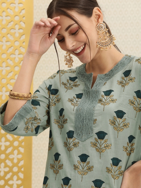 House of Pataudi Women Blue & Camel Brown Floral Printed Straight Kurti With Lace Detail
House of Pataudi Women Blue & Camel Brown Floral Printed Straight Kurti With Lace Detail