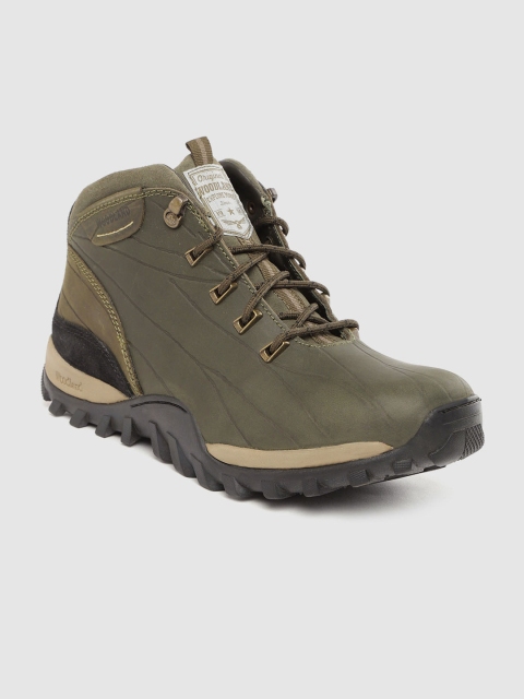 Woodland Men Olive Green Textured Nubuck Mid-Top Trekking Shoes