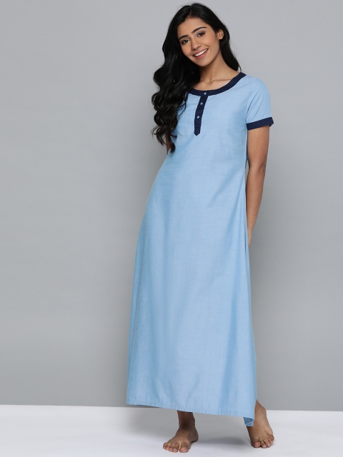 HERE&NOW Blue Solid Maxi Nightdress
