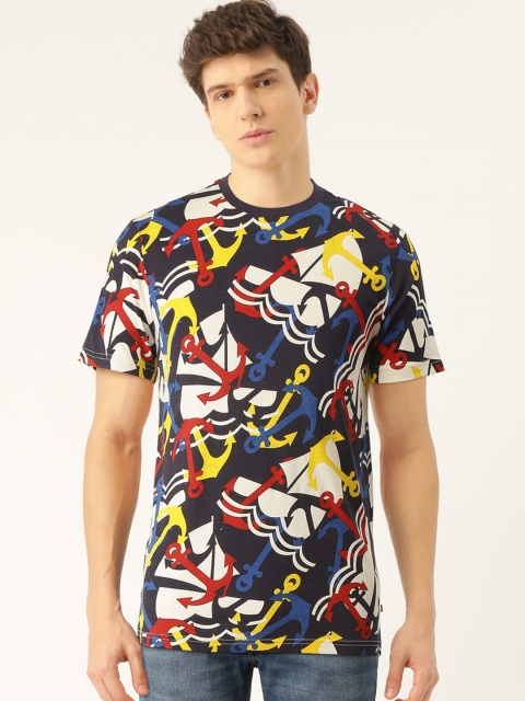 United Colors of Benetton Men Navy Blue & Yellow Printed Round Neck T-shirt