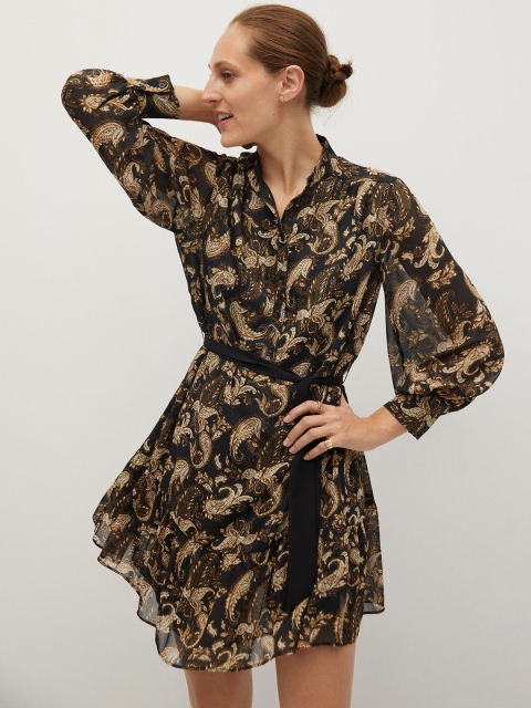 MANGO Women Black & Olive Brown Printed A-Line Dress