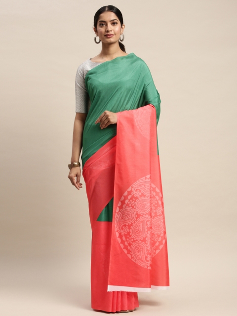 DIVASTRI Coral Pink & Green Silk Blend Printed Saree