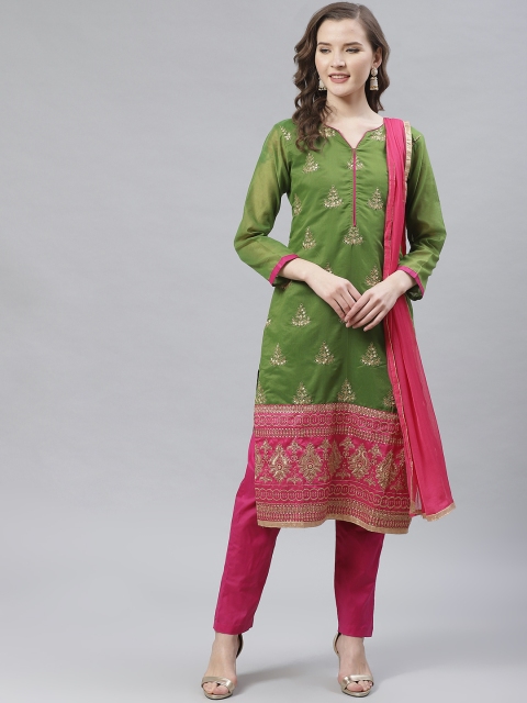 Readiprint Fashions Green & Pink Embroidered Unstitched Dress Material