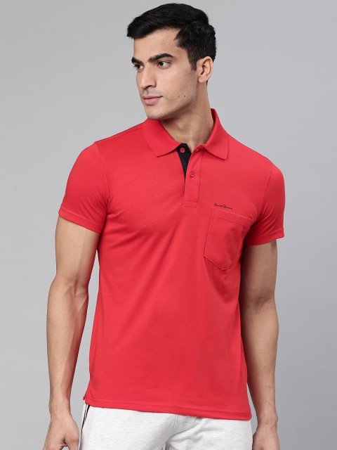 Sweet Dreams Men Coral Red Solid Polo Collar Lounge T-shirt