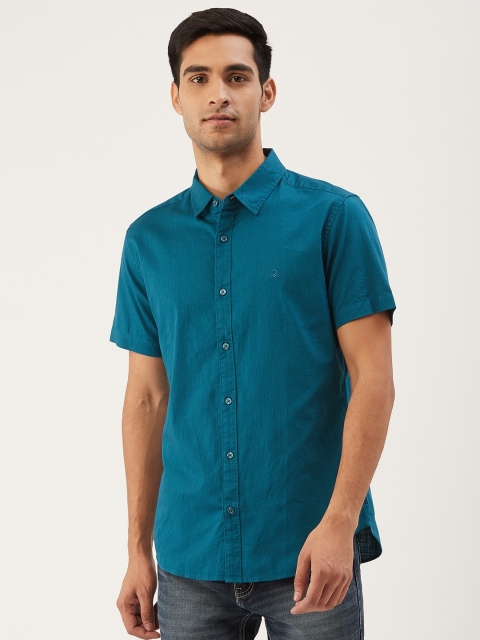 United Colors of Benetton Men Teal Blue Slim Fit Solid Casual Shirt