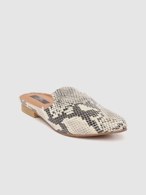 Marks & Spencer Women Beige & Black Leather Snakeskin Textured Mules
