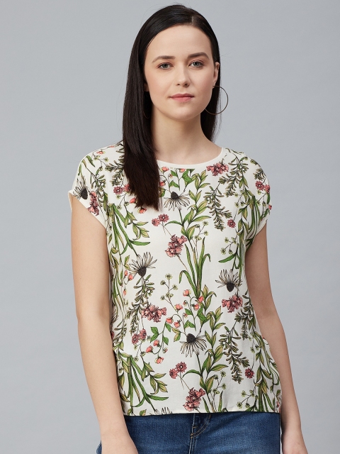 Marks & Spencer Women Off-White & Green Floral Print Top