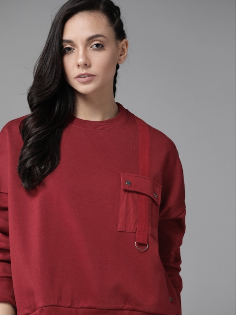 Roadster Women Maroon Solid Sweatshirt