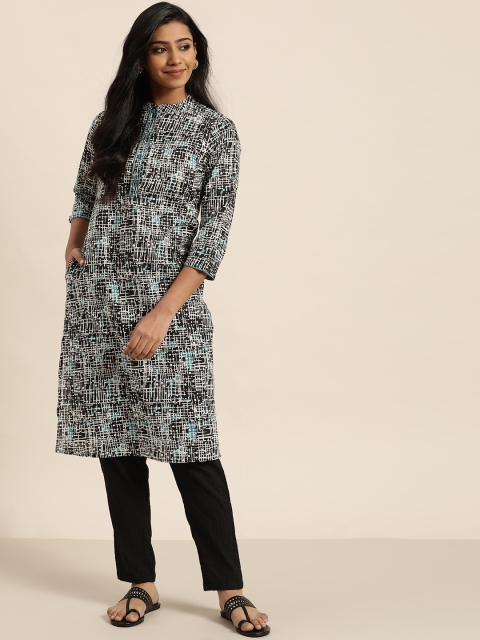Sangria Women Black & White Printed Straight Kurta