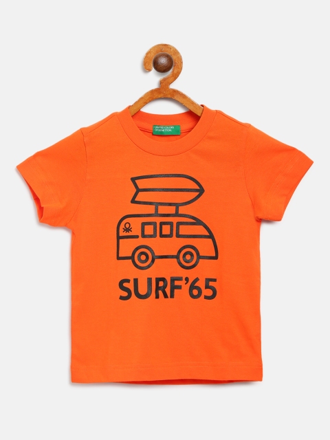 United Colors of Benetton Boys Orange & Black Surfboard on Bus Print Round Neck T-shirt